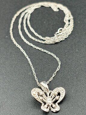 10K White Gold Butterfly Diamond Pendant & 18" Necklace American Diamond Imports